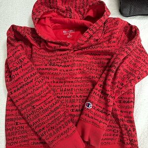 Champion Red Hooded Sweater with Text Print